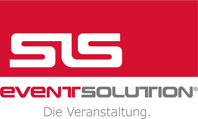 SLS Eventsolution Logo mit der Aufschrift „SLS“ in Weiß auf rotem Hintergrund. Darunter steht „EVENTSOLUTION“ in Rot und Grau, darunter „Die Veranstaltung.“ in Grau auf weißem Hintergrund.