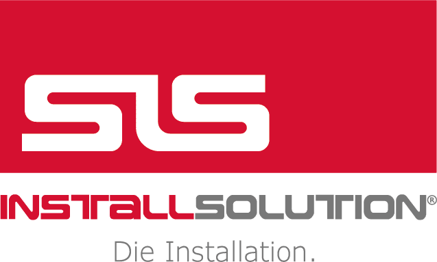 SLS Installsolution Logo mit weißen, stilisierten Buchstaben „SIS“ auf rotem Hintergrund, darüber der Schriftzug „INSTALLSOLUTION“ in roter und grauer Schrift. Darunter ist der Schriftzug „Die Installation“ schwach zu erkennen.