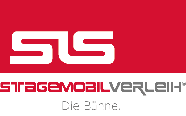 SLS Stagemobilverleih Logo mit den Buchstaben „SLS“ in Weiß auf rotem Hintergrund. Darunter steht der Text „STAGEMOBILVERLEIH“ in Rot und Grau, darunter „Die Bühne.“ in Grau.