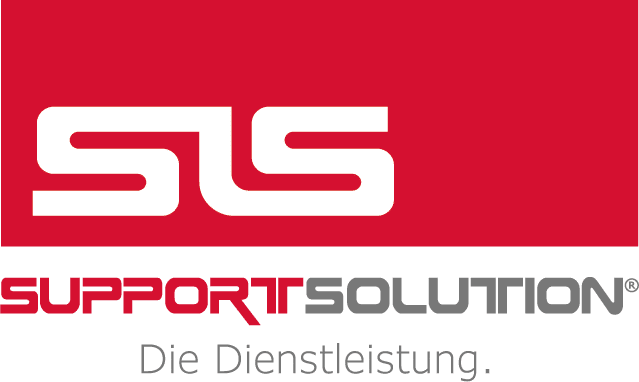 SLS Supportsolution Logo mit den Initialen „SLS“ in Weiß auf rotem Hintergrund. Darunter steht „SUPPORTSOLUTION“ in Rot und Grau, und darunter „Die Dienstleistung“ in Grau.