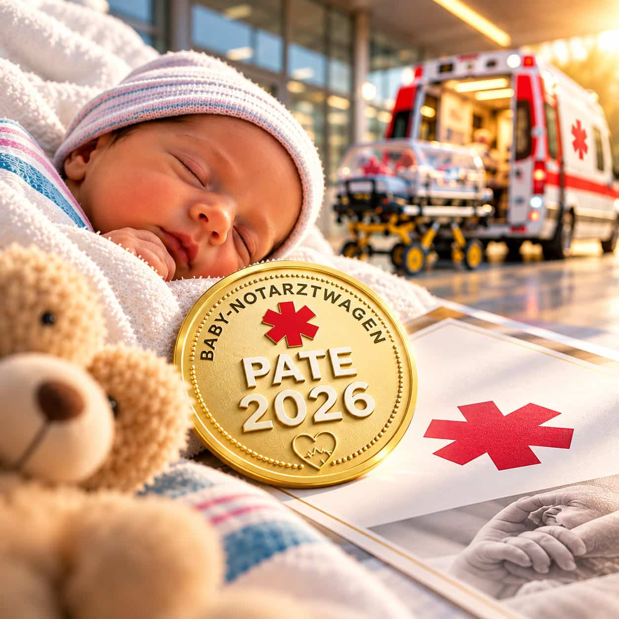WhatsApp Image 2026-09-24 at 16.21.19 Ein Neugeborenes schläft neben einem Teddybären, einer Medaille mit der Aufschrift „PATE 2026“ und einem medizinischen Foto. Im Hintergrund steht ein Krankenwagen, was auf eine medizinische Situation oder einen Notfall hindeutet.