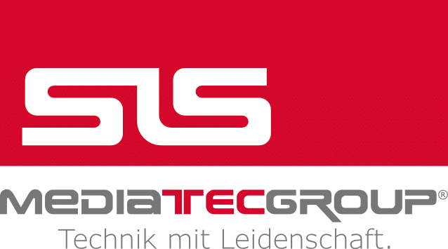 sls_mediateclogo Logo mit großem weißem „SLS“-Schriftzug auf rotem Hintergrund über dem Text „MEDIATEC GROUP“ in Grau und Rot sowie darunter „Technik mit Leidenschaft.“ in Grau.